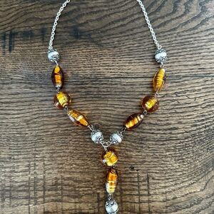 Murano Amber Glass Necklace | Gold Foil Lampwork | Y Drop